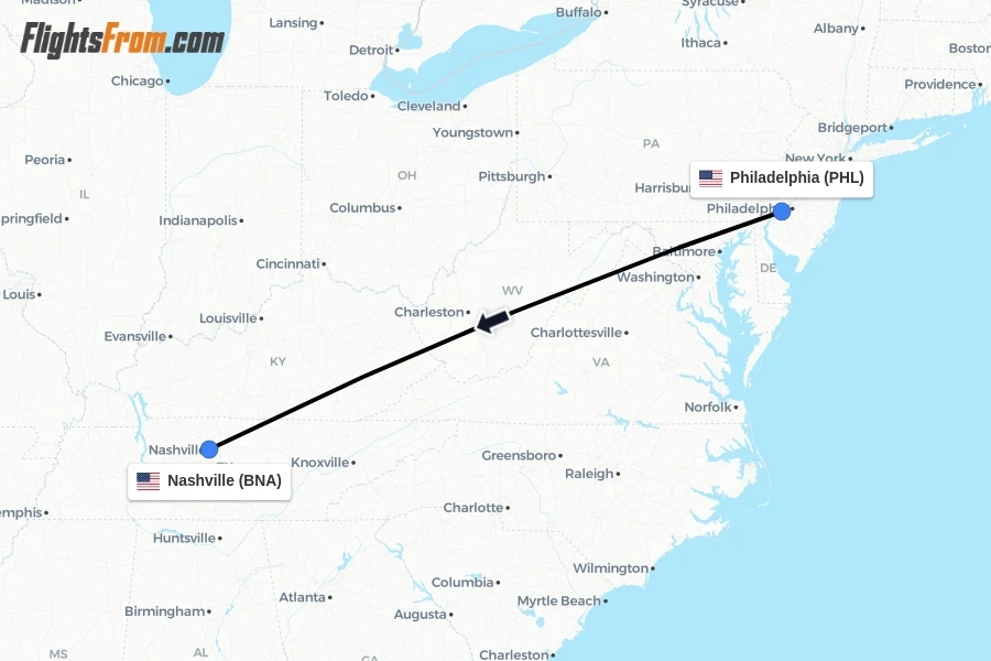 Flights from Philadelphia to Nashville route map