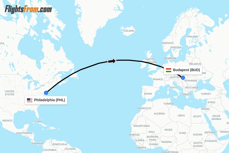 Flights from Philadelphia to Budapest route map