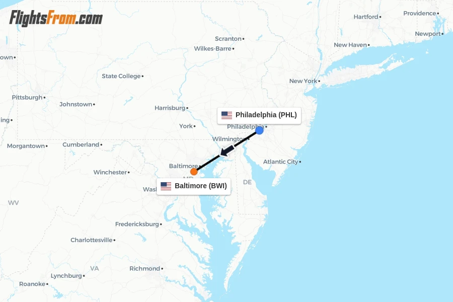 Flights from Philadelphia to Baltimore route map