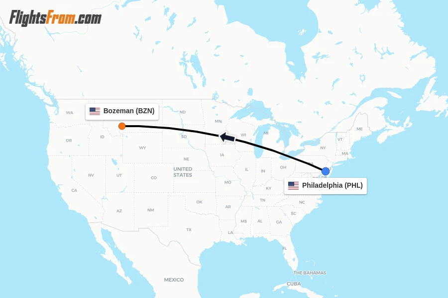 Flights from Philadelphia to Bozeman route map