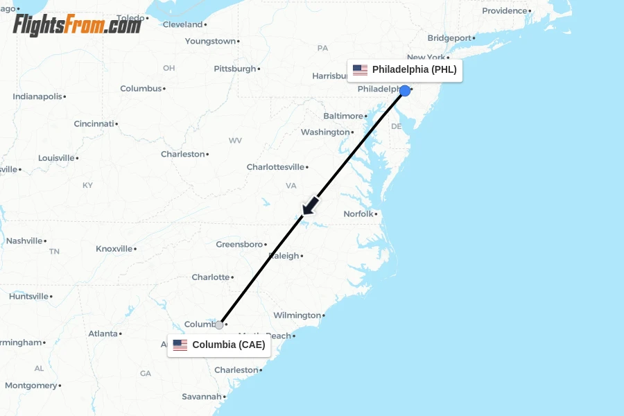 Flights from Philadelphia to Columbia route map