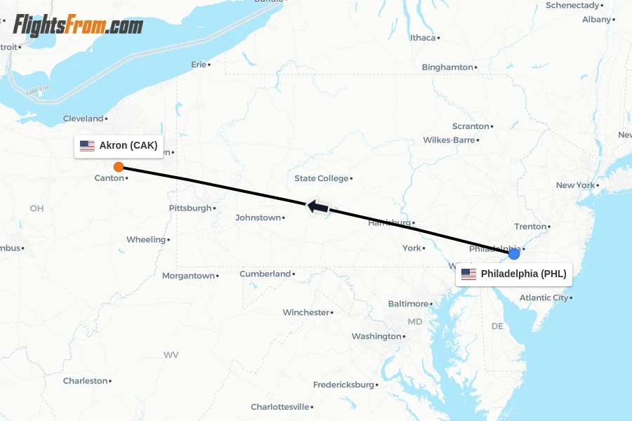 Flights from Philadelphia to Akron route map