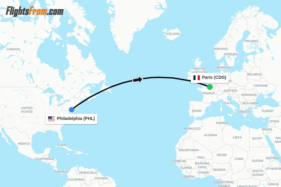 Flights from Philadelphia to Paris route map