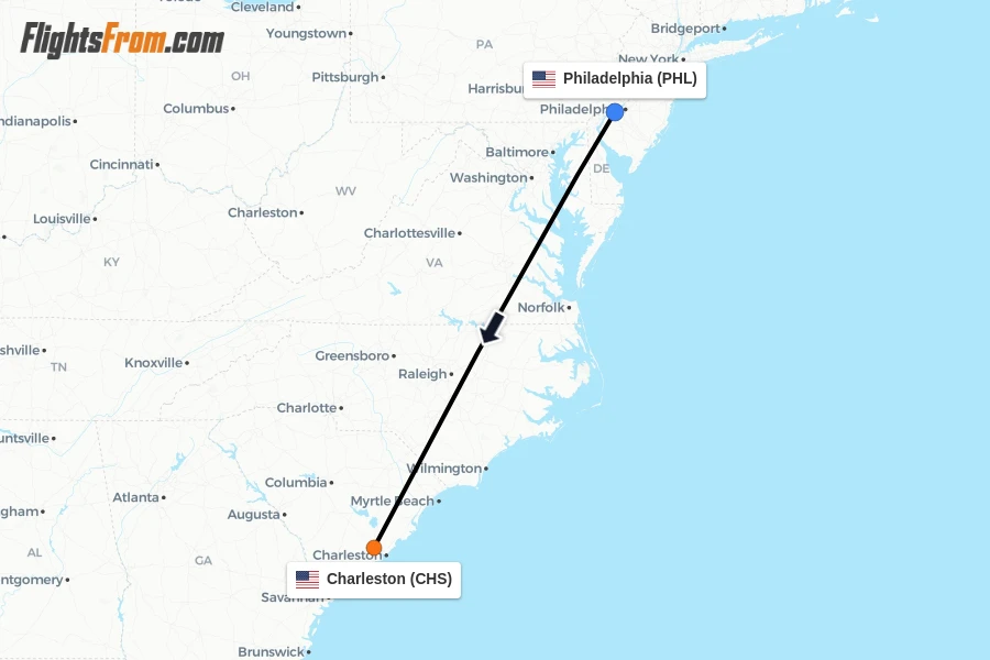 Flights from Philadelphia to Charleston route map