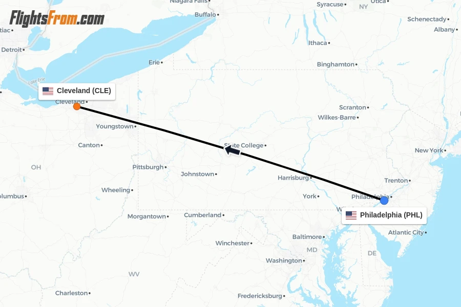 Flights from Philadelphia to Cleveland route map