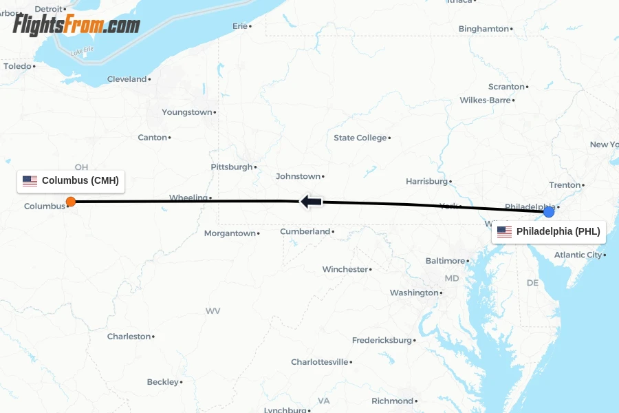 Flights from Philadelphia to Columbus route map