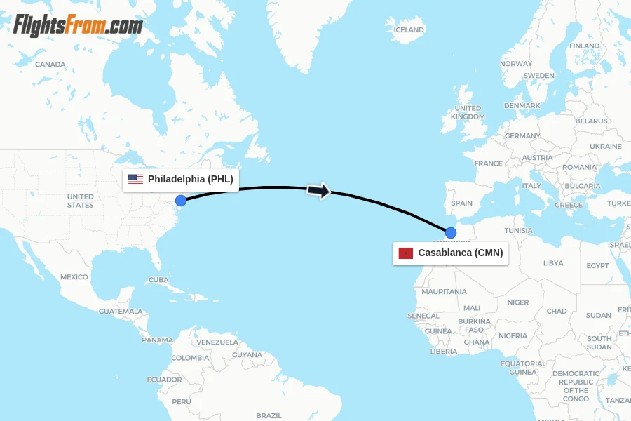 Flights from Philadelphia to Casablanca route map