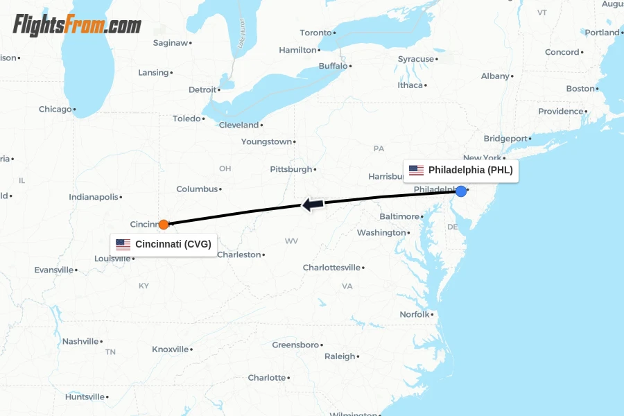 Flights from Philadelphia to Cincinnati route map