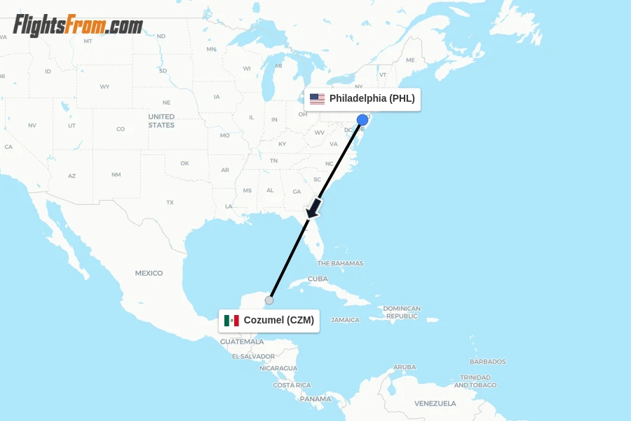 Flights from Philadelphia to Cozumel route map