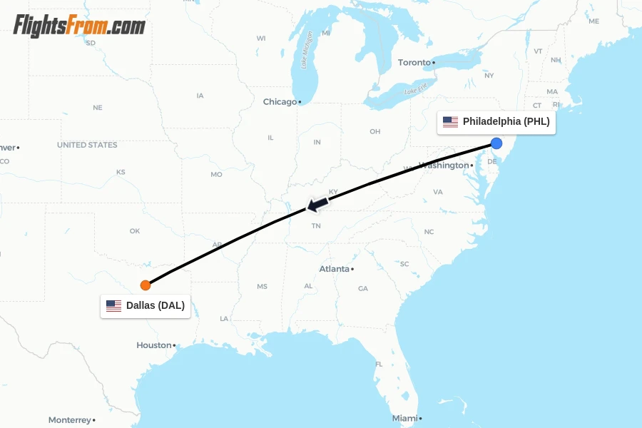 Flights from Philadelphia to Dallas route map