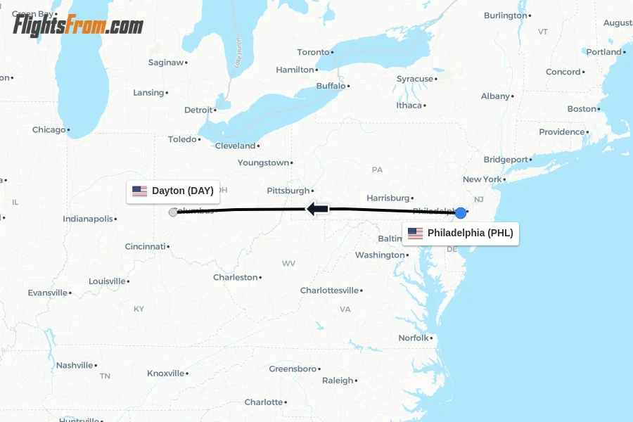 Flights from Philadelphia to Dayton route map