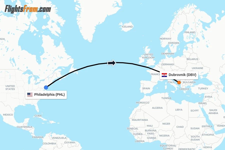 Flights from Philadelphia to Dubrovnik route map