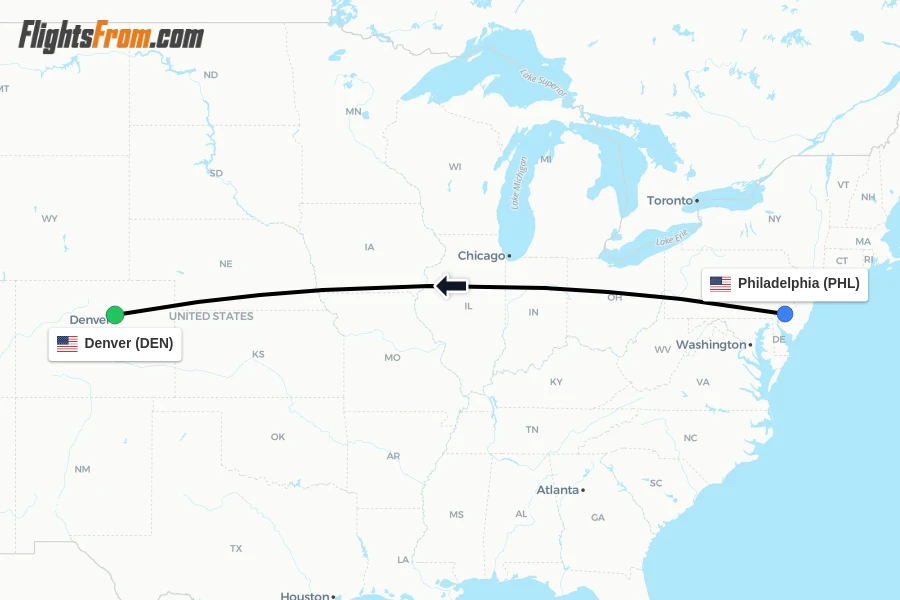 Flights from Philadelphia to Denver route map