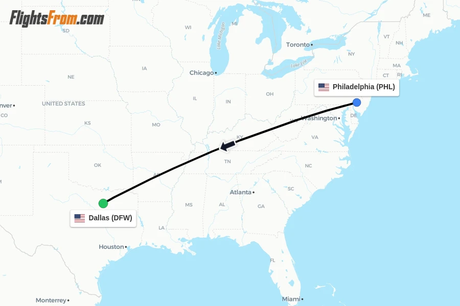 Flights from Philadelphia to Dallas route map