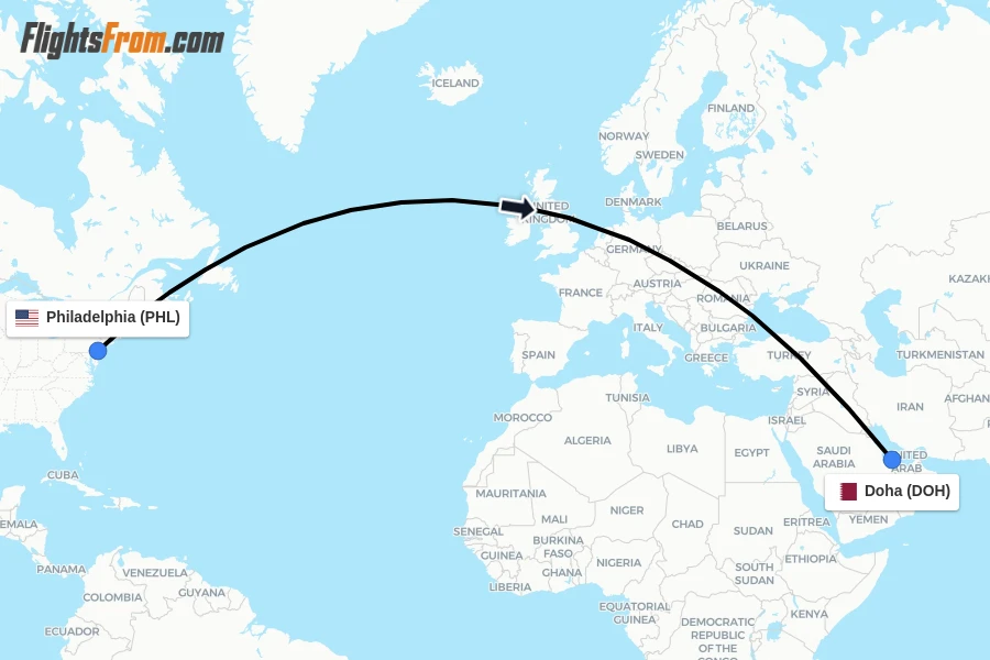 Flights from Philadelphia to Doha route map