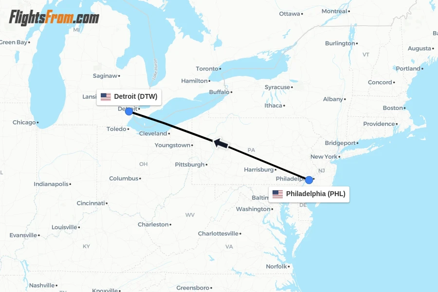 Flights from Philadelphia to Detroit route map