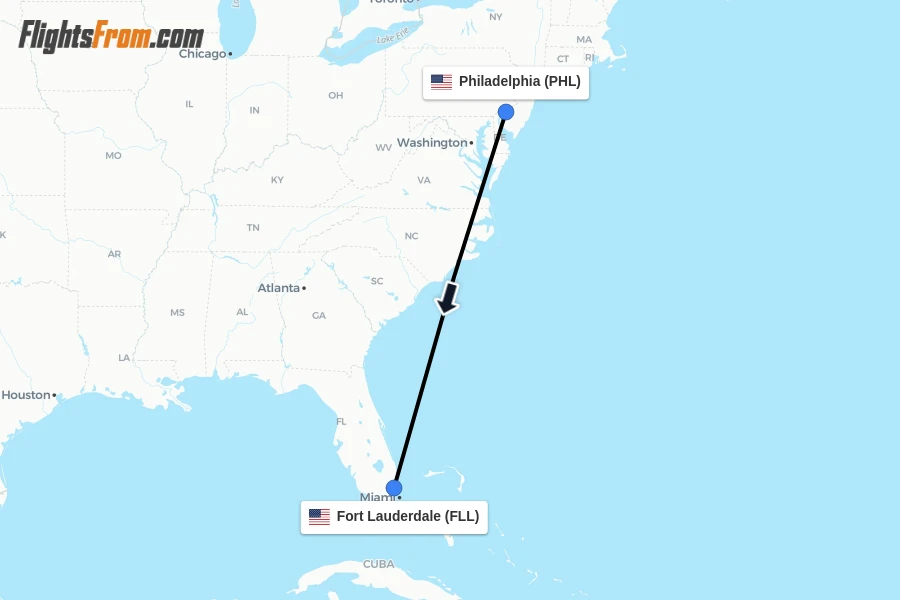 Flights from Philadelphia to Fort Lauderdale route map