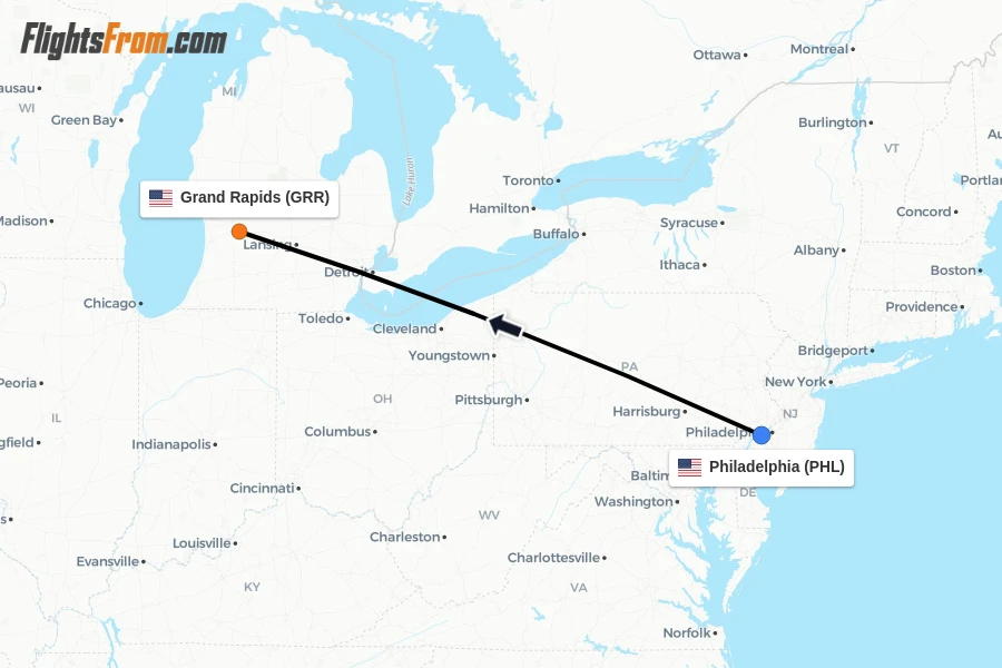 Flights from Philadelphia to Grand Rapids route map