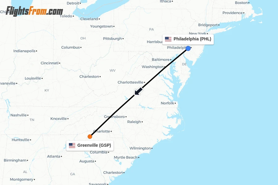 Flights from Philadelphia to Greenville route map