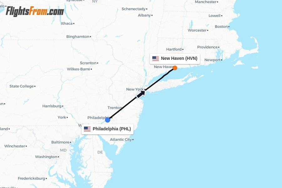 Flights from Philadelphia to New Haven route map