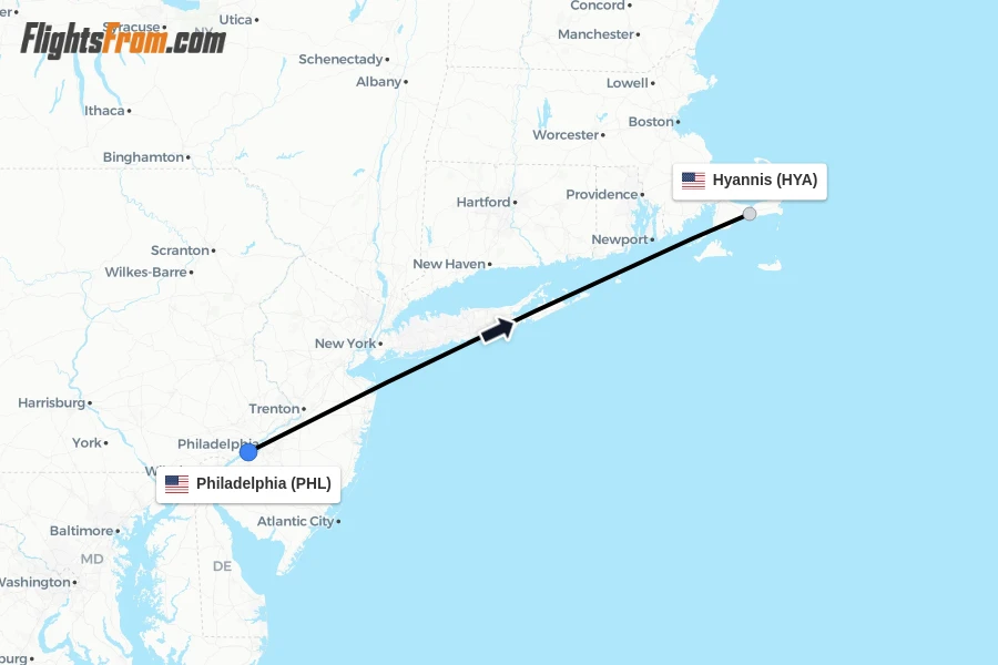 Flights from Philadelphia to Hyannis route map