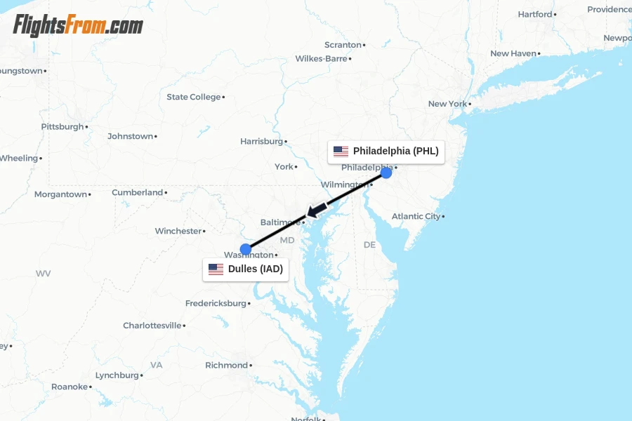 Flights from Philadelphia to Dulles route map