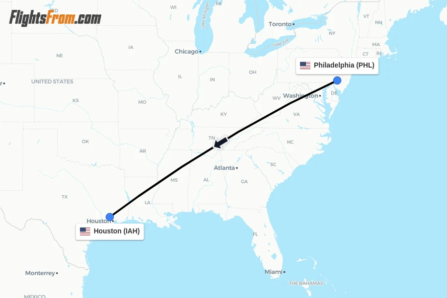 Flights from Philadelphia to Houston route map