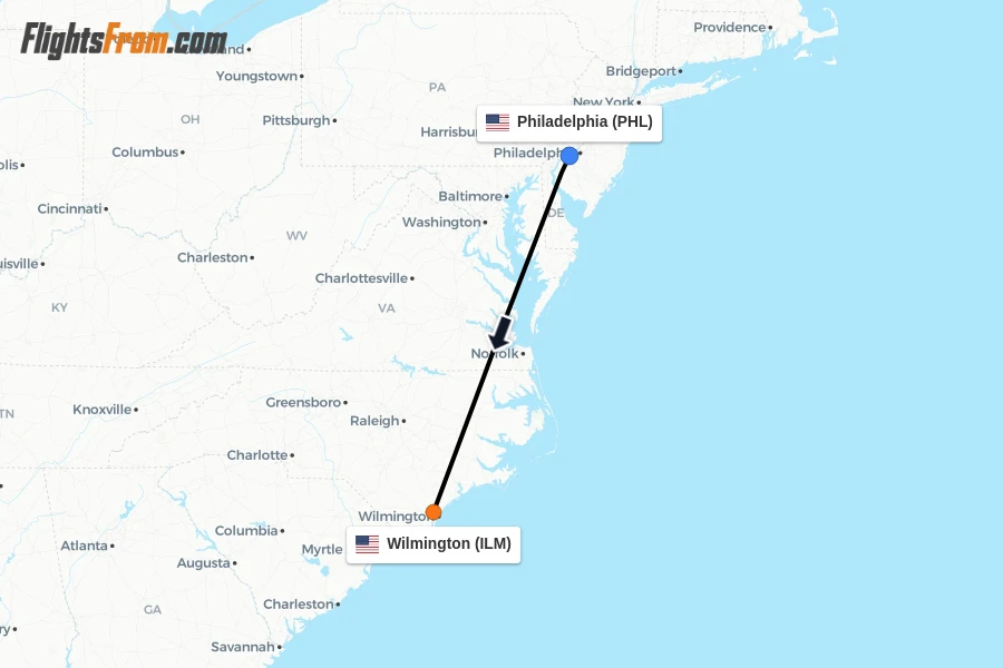 Flights from Philadelphia to Wilmington route map