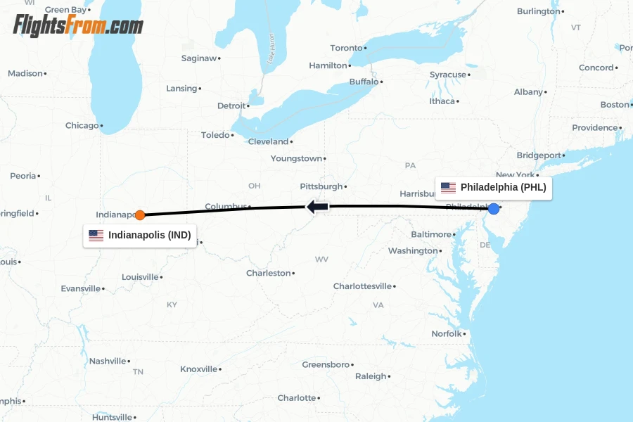 Flights from Philadelphia to Indianapolis route map