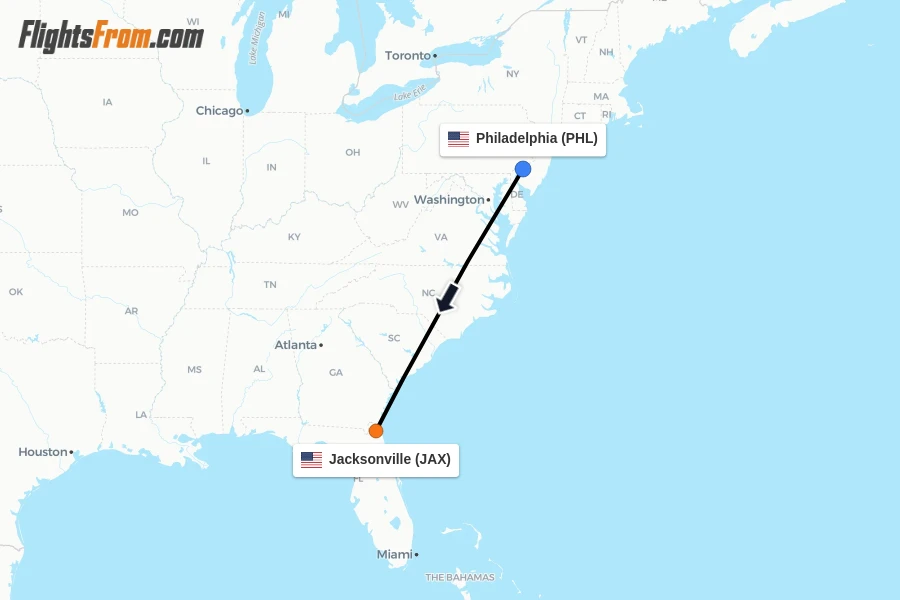 Flights from Philadelphia to Jacksonville route map