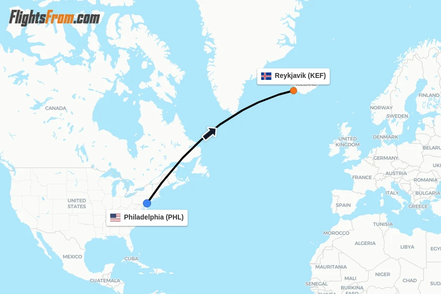 Flights from Philadelphia to Reykjavik route map