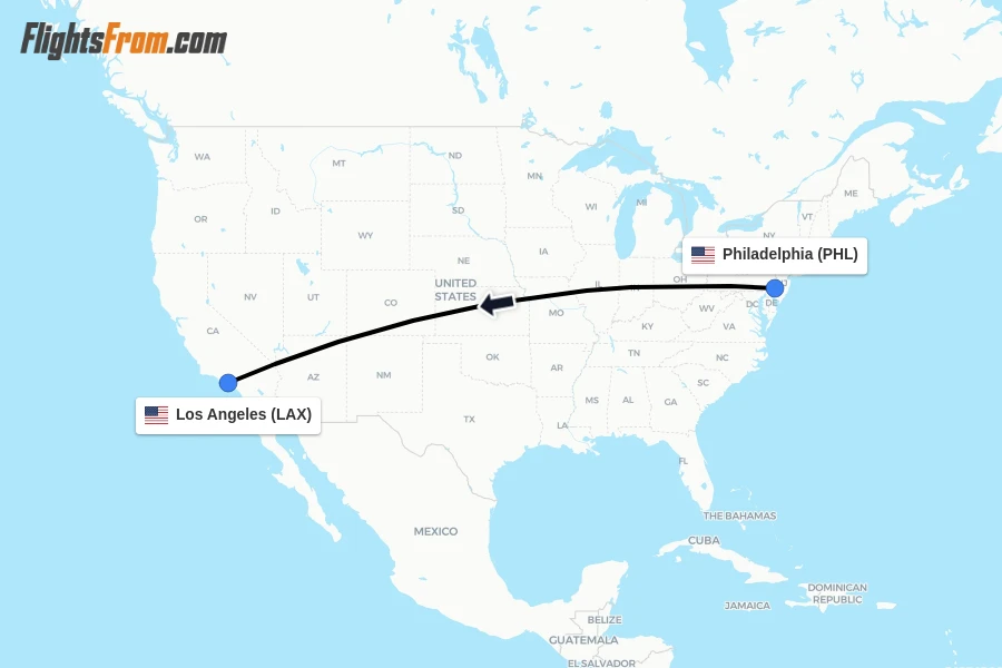 Flights from Philadelphia to Los Angeles route map