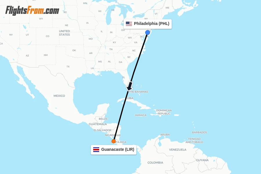 Flights from Philadelphia to Guanacaste route map