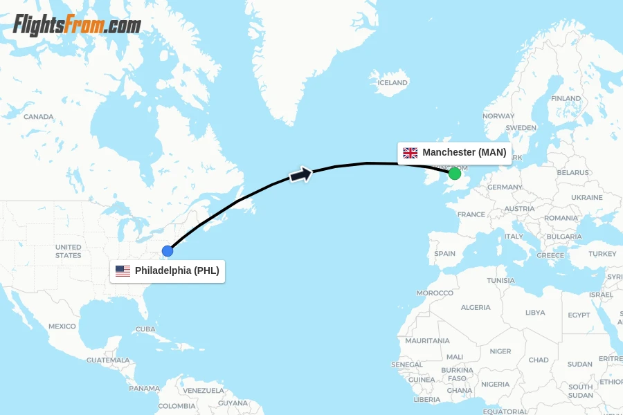 Flights from Philadelphia to Manchester route map