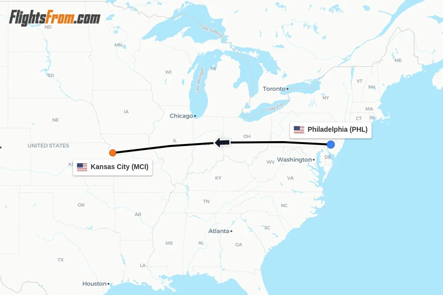 Flights from Philadelphia to Kansas City route map