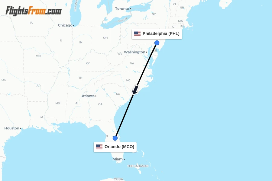 Flights from Philadelphia to Orlando route map
