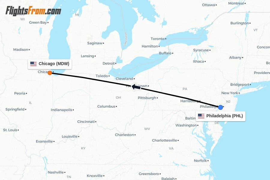Flights from Philadelphia to Chicago route map