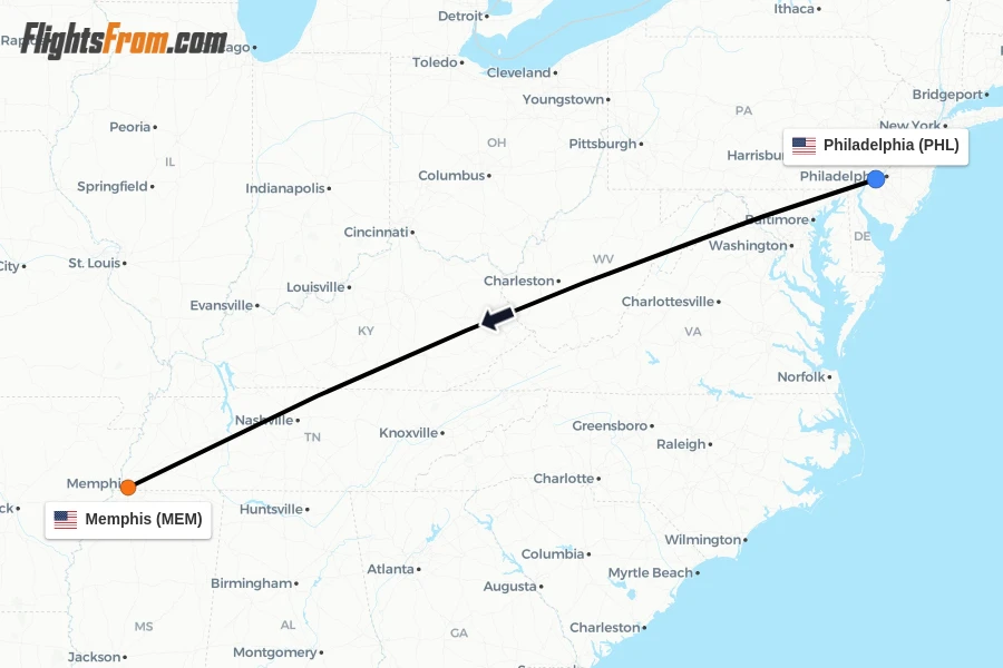 Flights from Philadelphia to Memphis route map