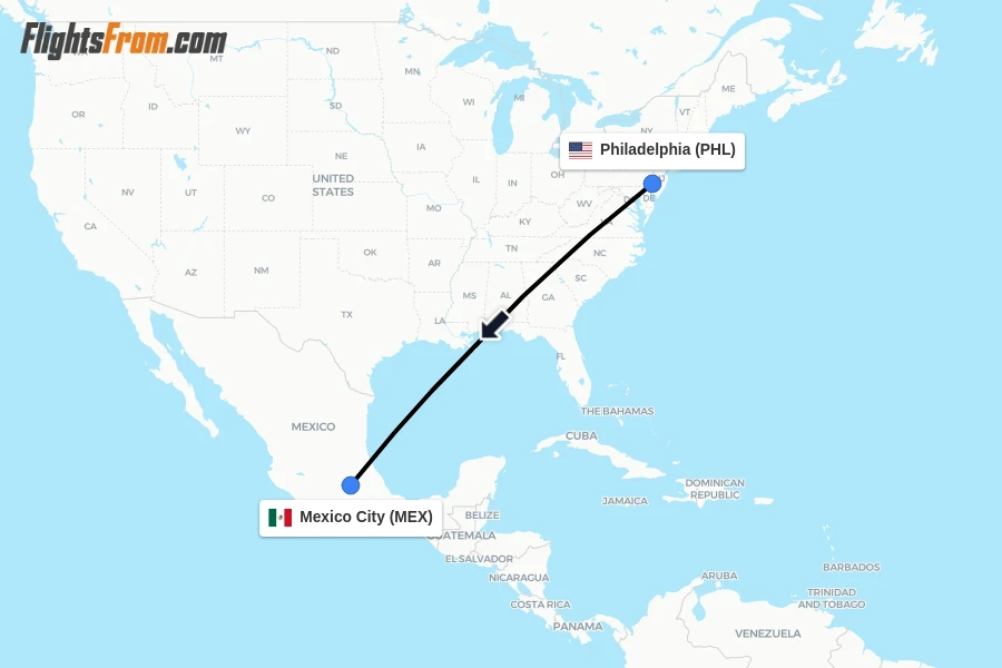 Flights from Philadelphia to Mexico City route map