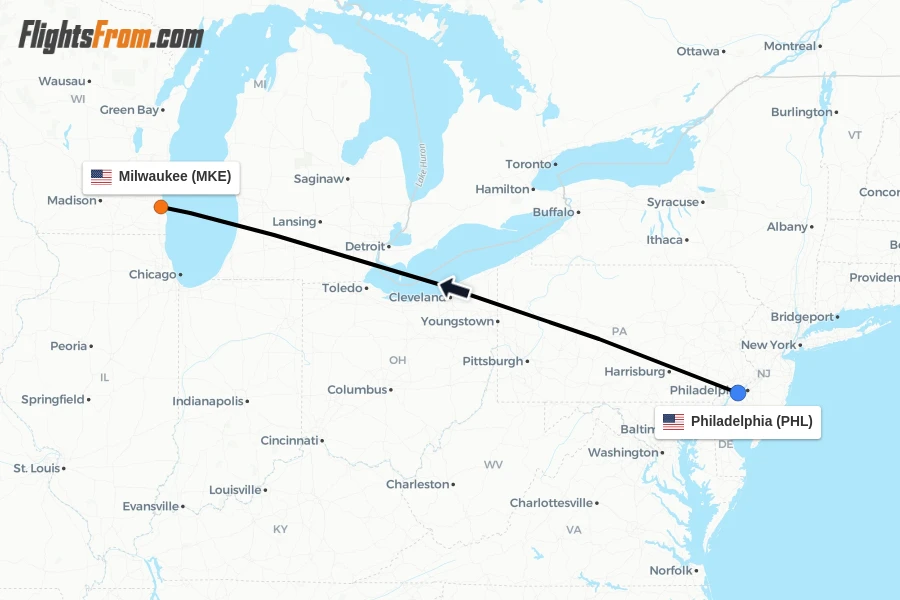 Flights from Philadelphia to Milwaukee route map