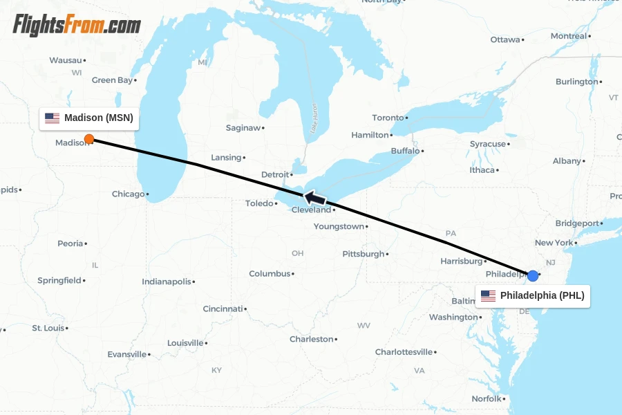 Flights from Philadelphia to Madison route map
