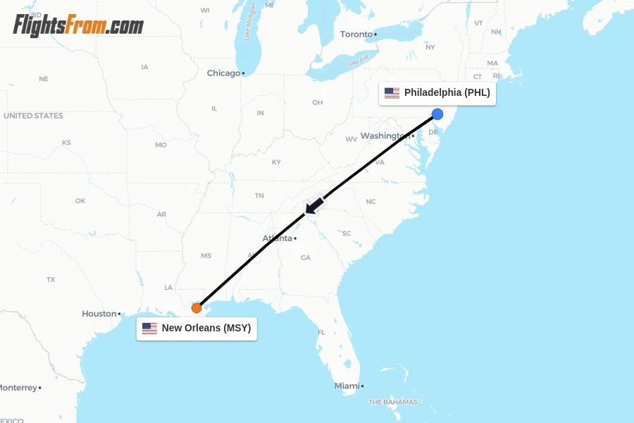 Flights from Philadelphia to New Orleans route map