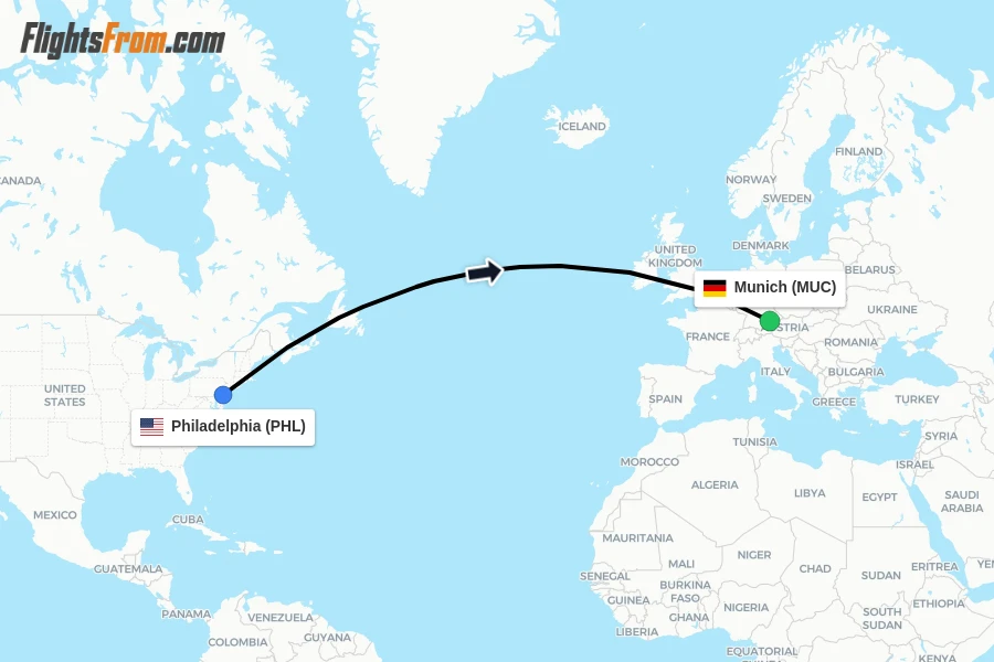 Flights from Philadelphia to Munich route map