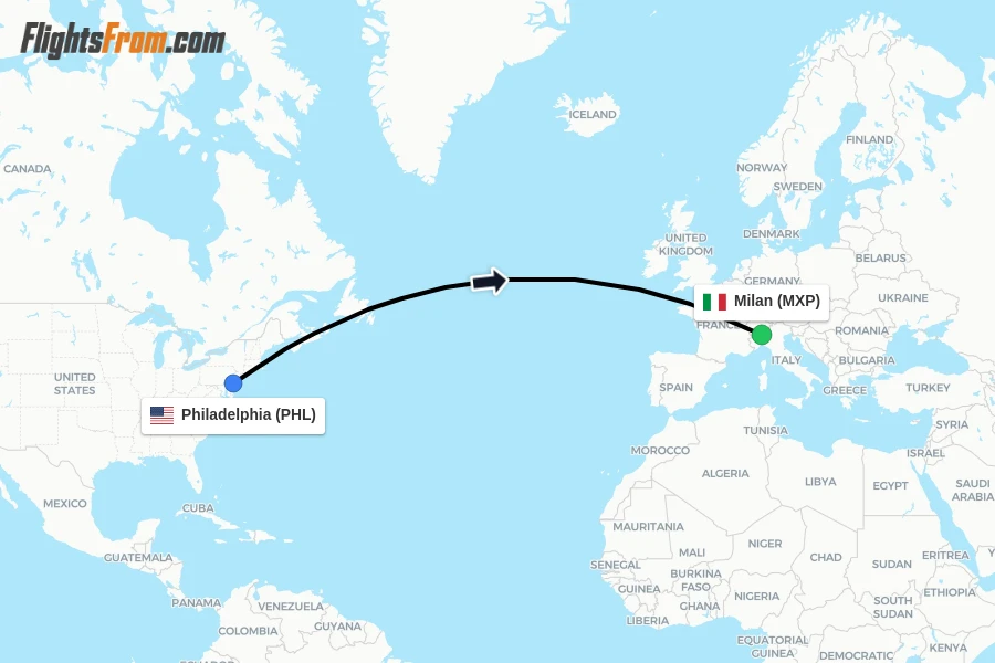 Flights from Philadelphia to Milan route map