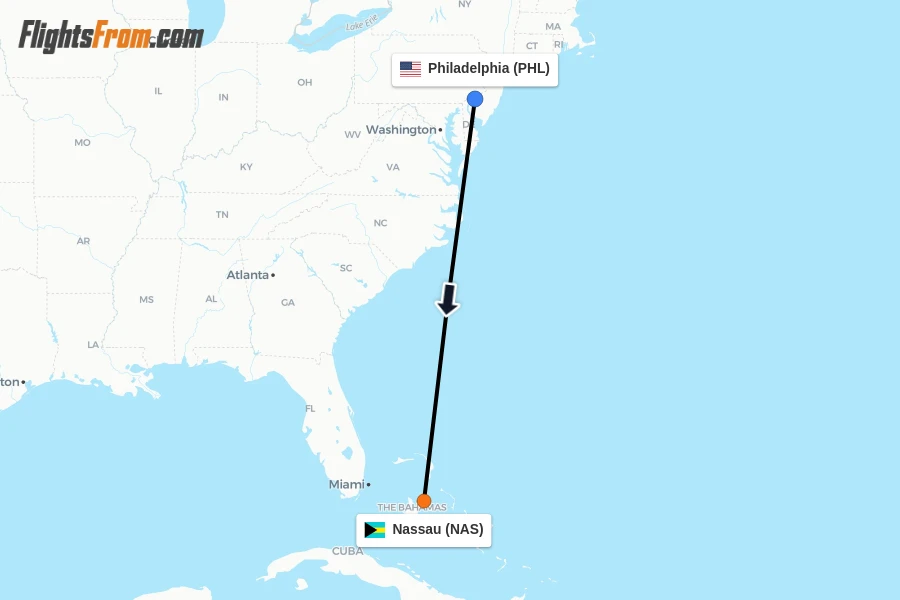 Flights from Philadelphia to Nassau route map