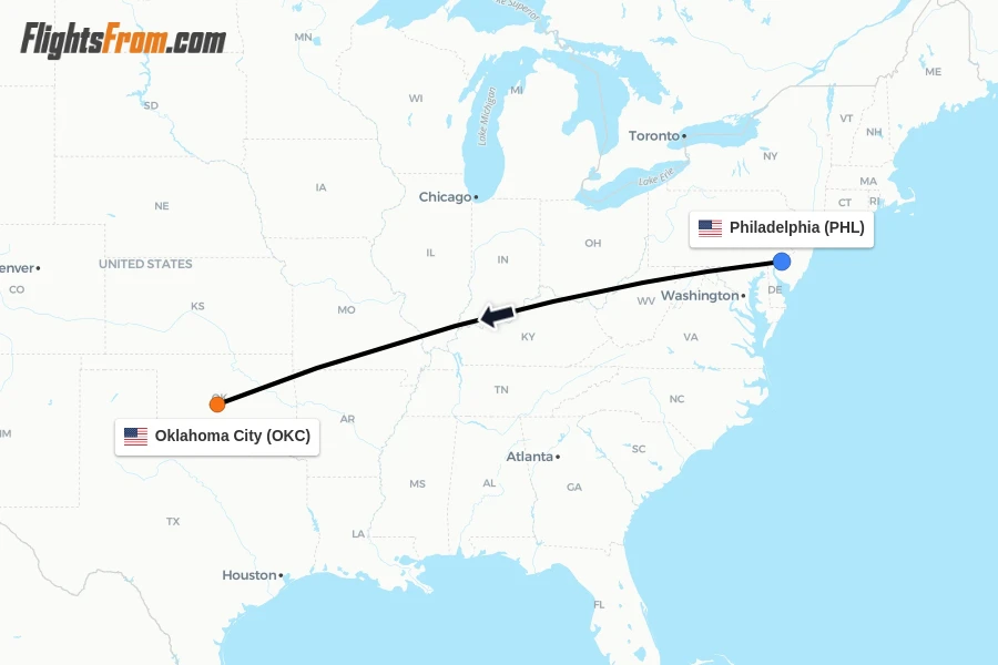 Flights from Philadelphia to Oklahoma City route map