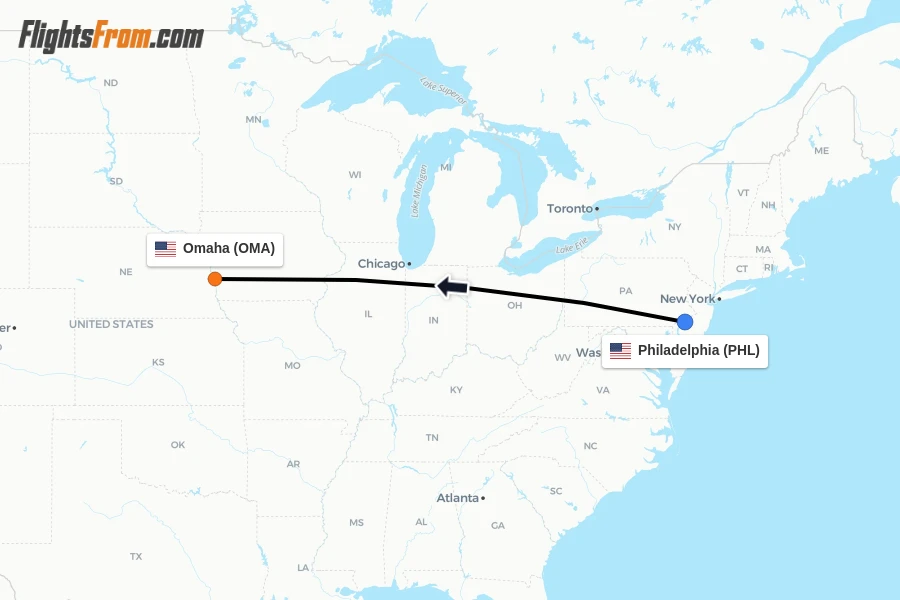 Flights from Philadelphia to Omaha route map