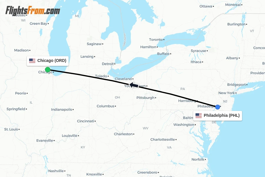 Flights from Philadelphia to Chicago route map