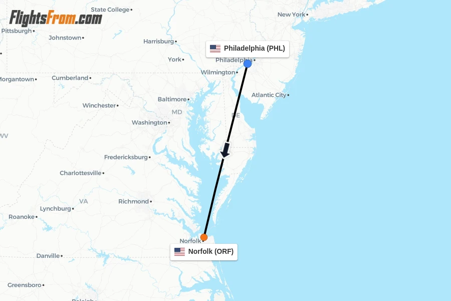 Flights from Philadelphia to Norfolk route map