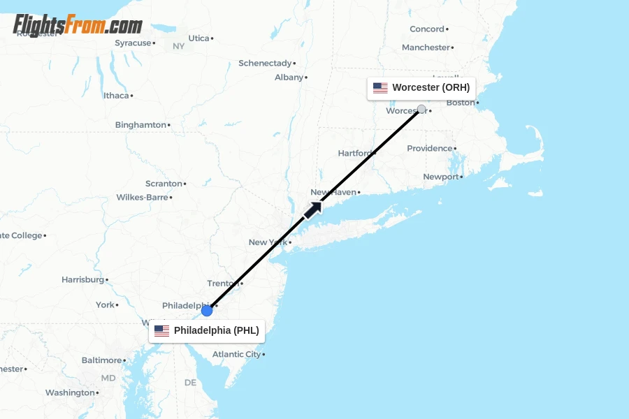Flights from Philadelphia to Worcester route map